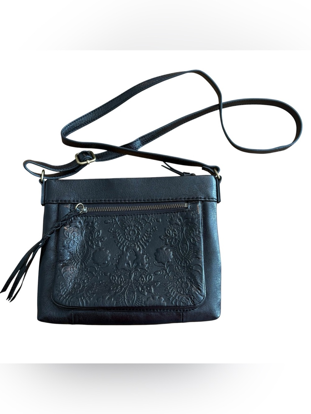 The Sak Black Sanibel Floral Embossed Crossbody Bag with Tassel